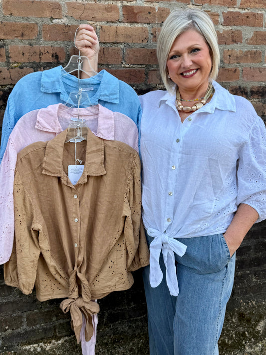 Made in Italy Tie Front Eyelet Top