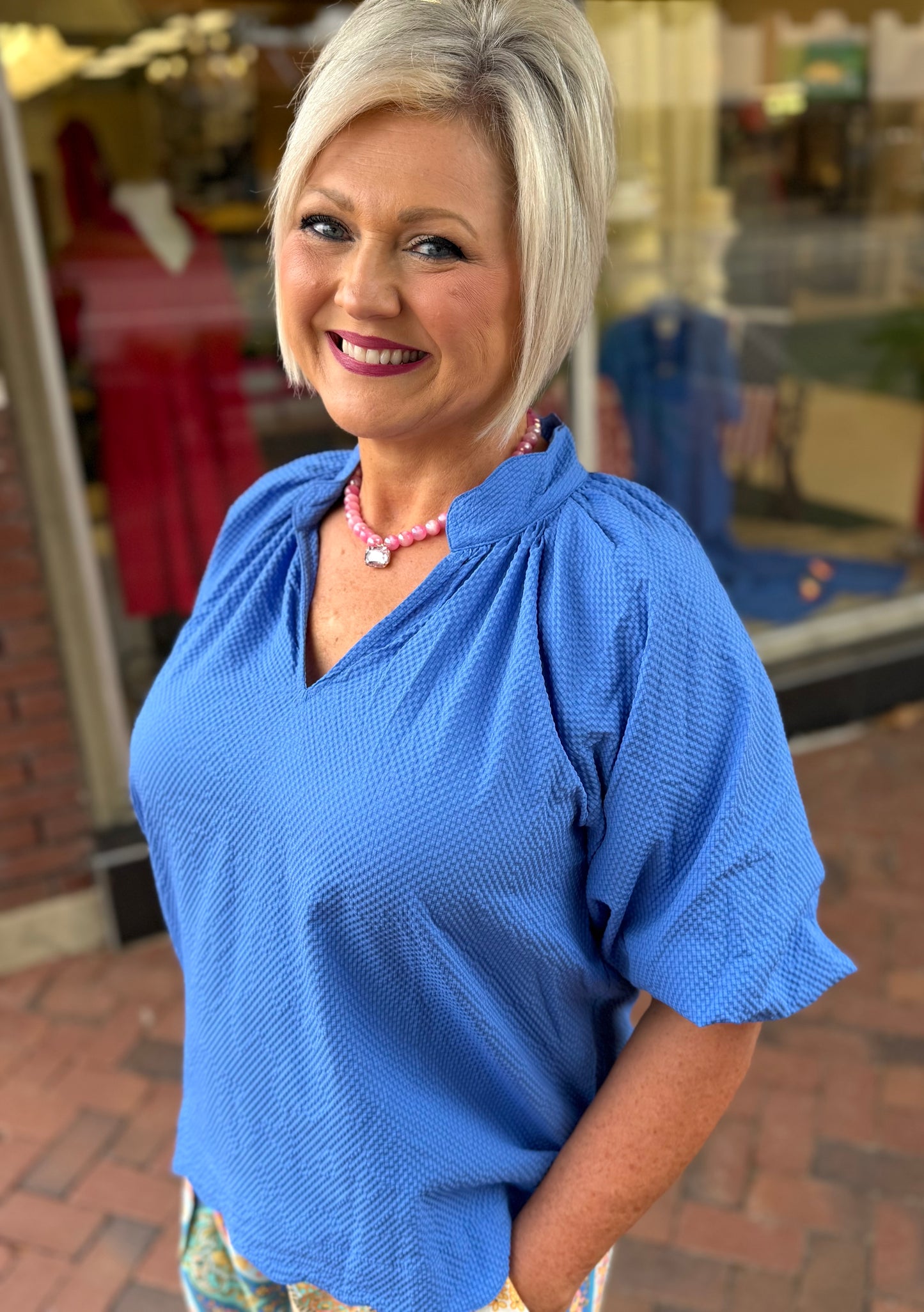 Umgee Ocean Blue Bubbled Sleeved Seersucker Top