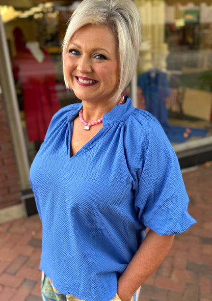 Umgee Ocean Blue Bubbled Sleeved Seersucker Top