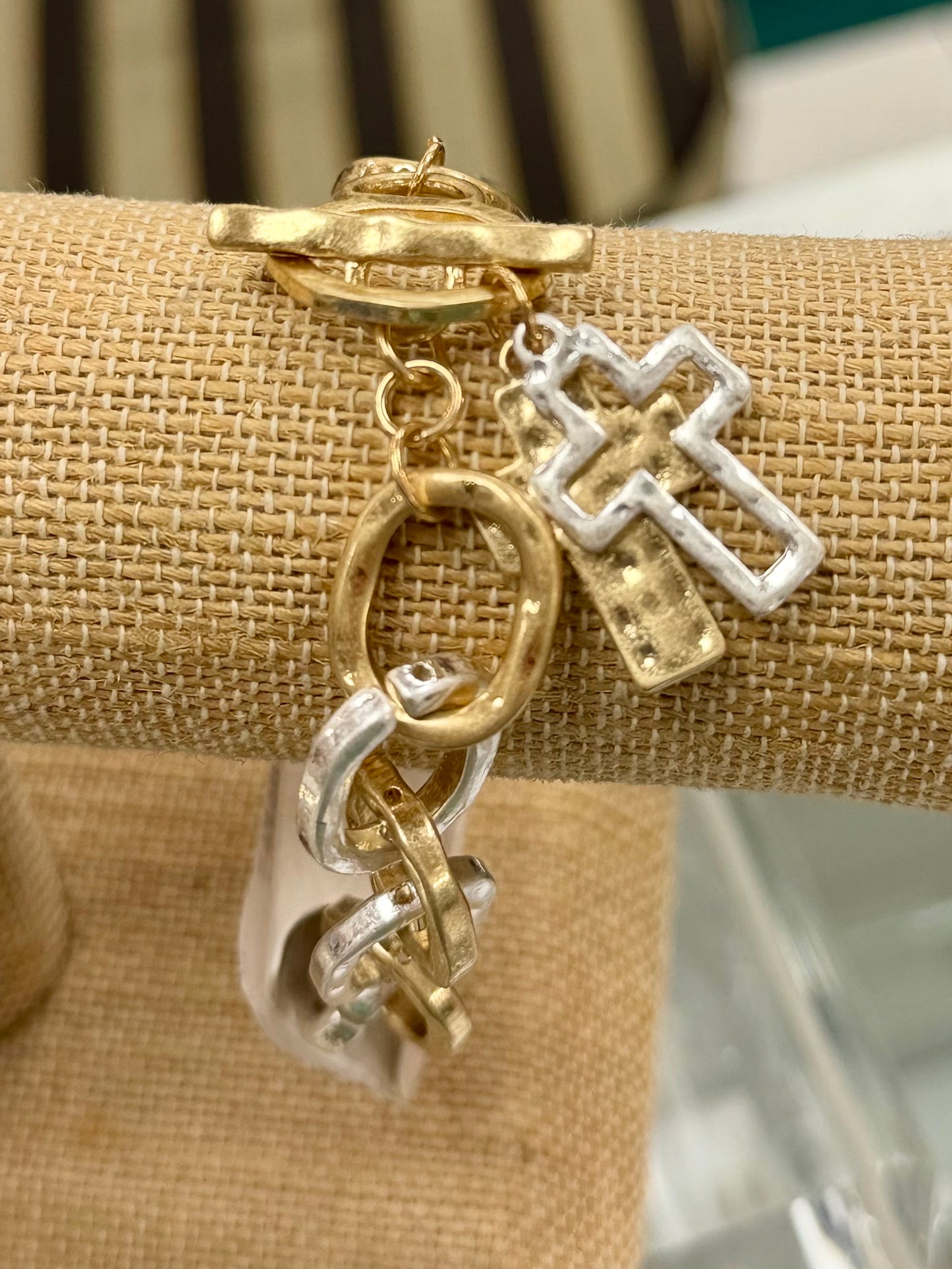 Mixed Metal Open Chain Cross Bracelet