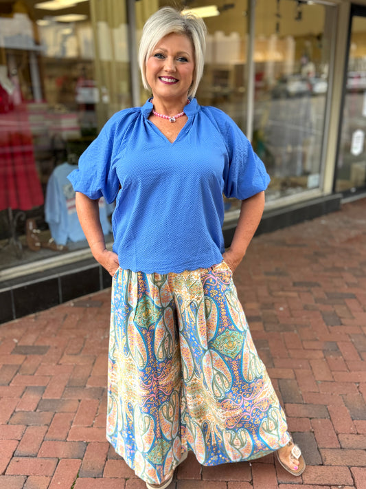 Umgee Blue Mix Printed Pull On Wide Leg Pants