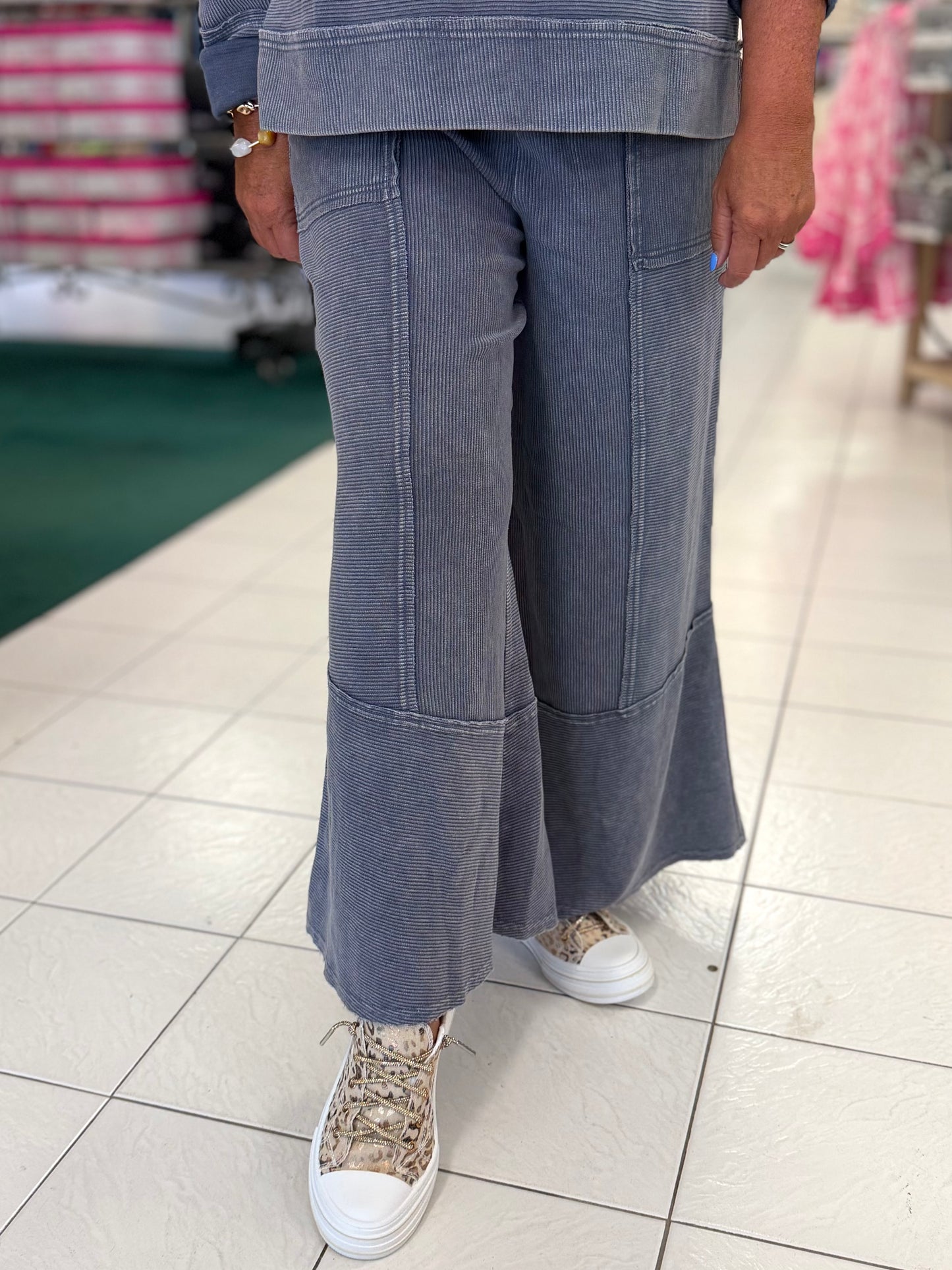 Easel Washed Denim Textured Mineral Washed Bell Bottom Pants