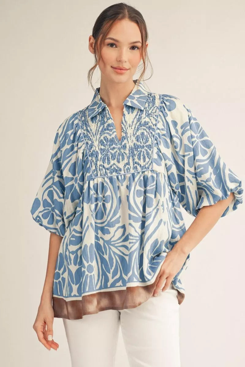 Jodifl Sky Blue & Taupe Bubble Sleeve w/ Smocking & Contrast