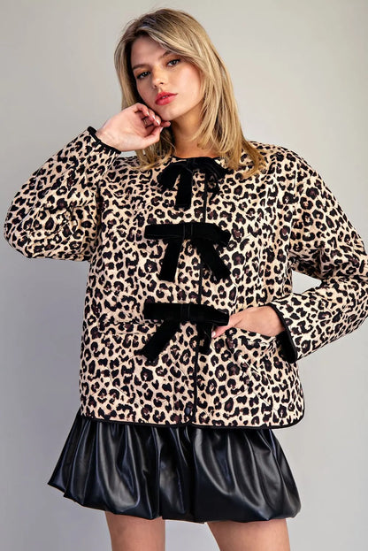 EESOME Leopard Print Tie Front Long Sleeve Jacket