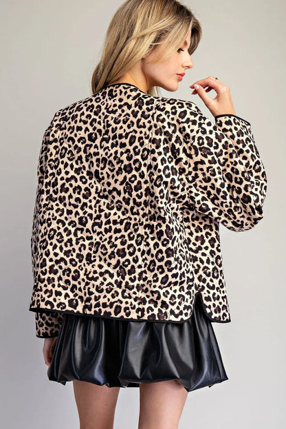 EESOME Leopard Print Tie Front Long Sleeve Jacket