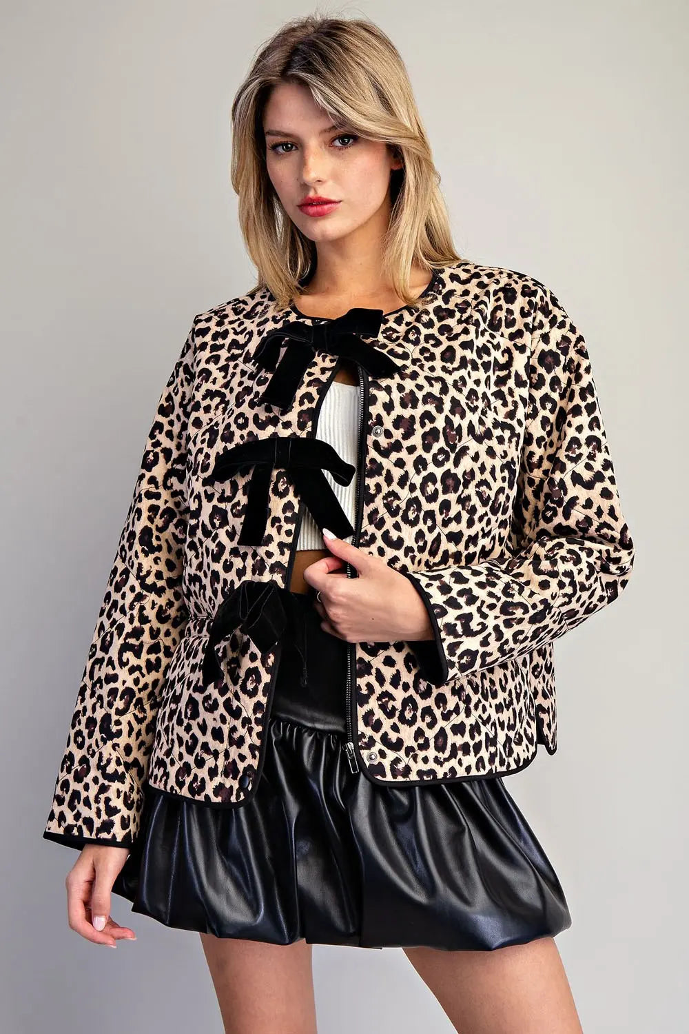EESOME Leopard Print Tie Front Long Sleeve Jacket