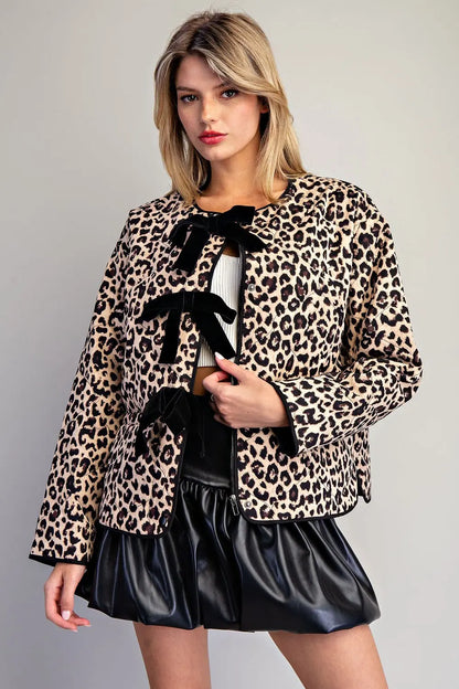 EESOME Leopard Print Tie Front Long Sleeve Jacket