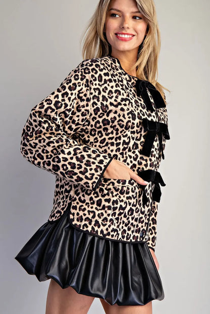 EESOME Leopard Print Tie Front Long Sleeve Jacket