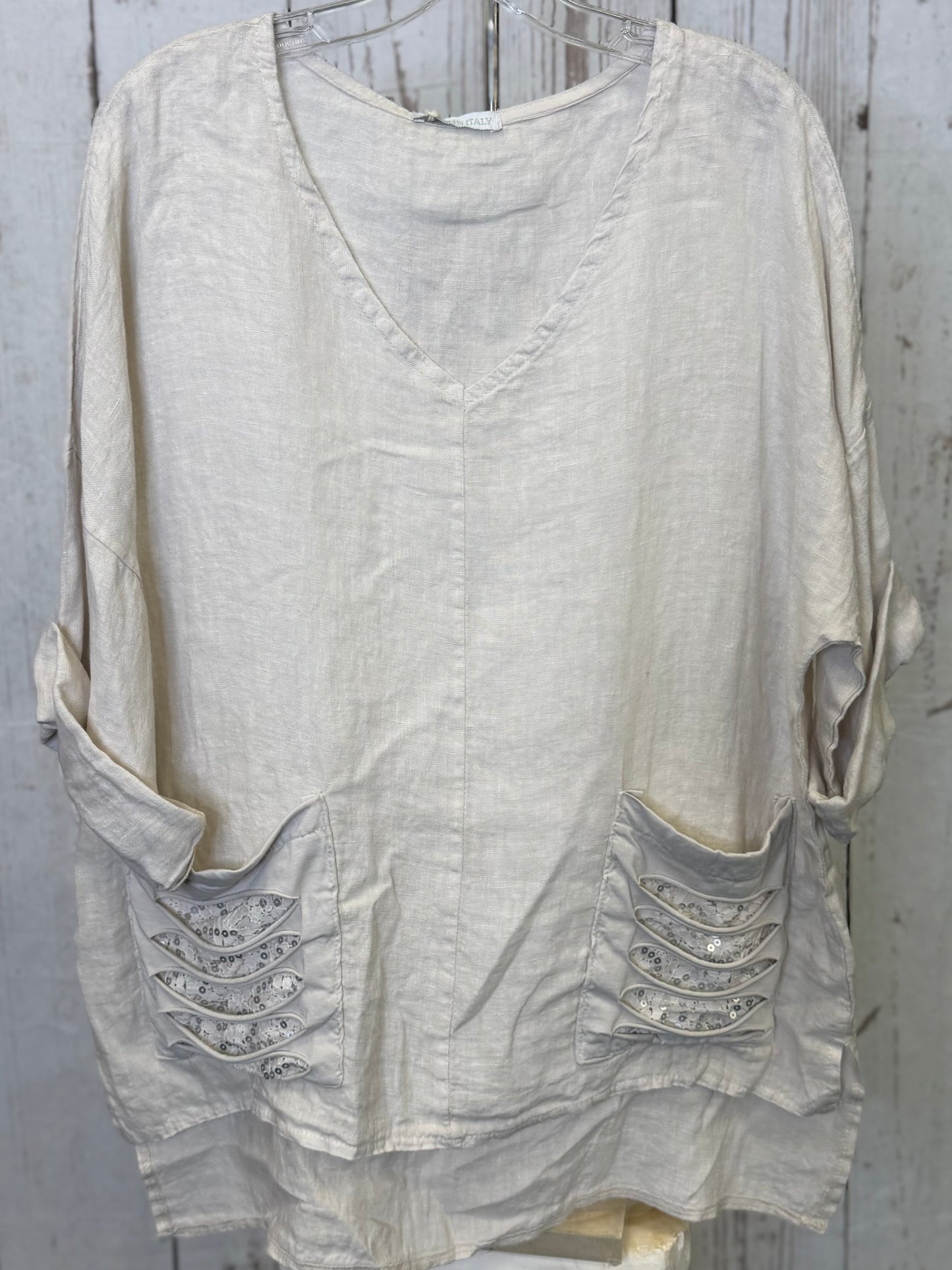 Made in Italy Linen Blouse with Lace and Ripped Fabric Front Pockets