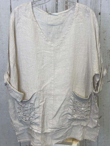 Made in Italy Linen Blouse with Lace and Ripped Fabric Front Pockets