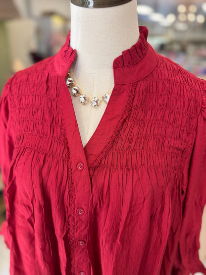 Umgee Crimson Smocked Yoke Button Front Blouse