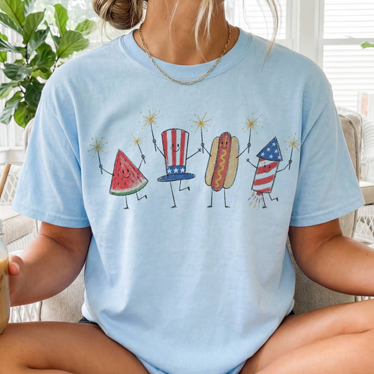 USA Vintage 4th of July Fireworks Hot Dogs Retro Graphic Tee: Ice Blue