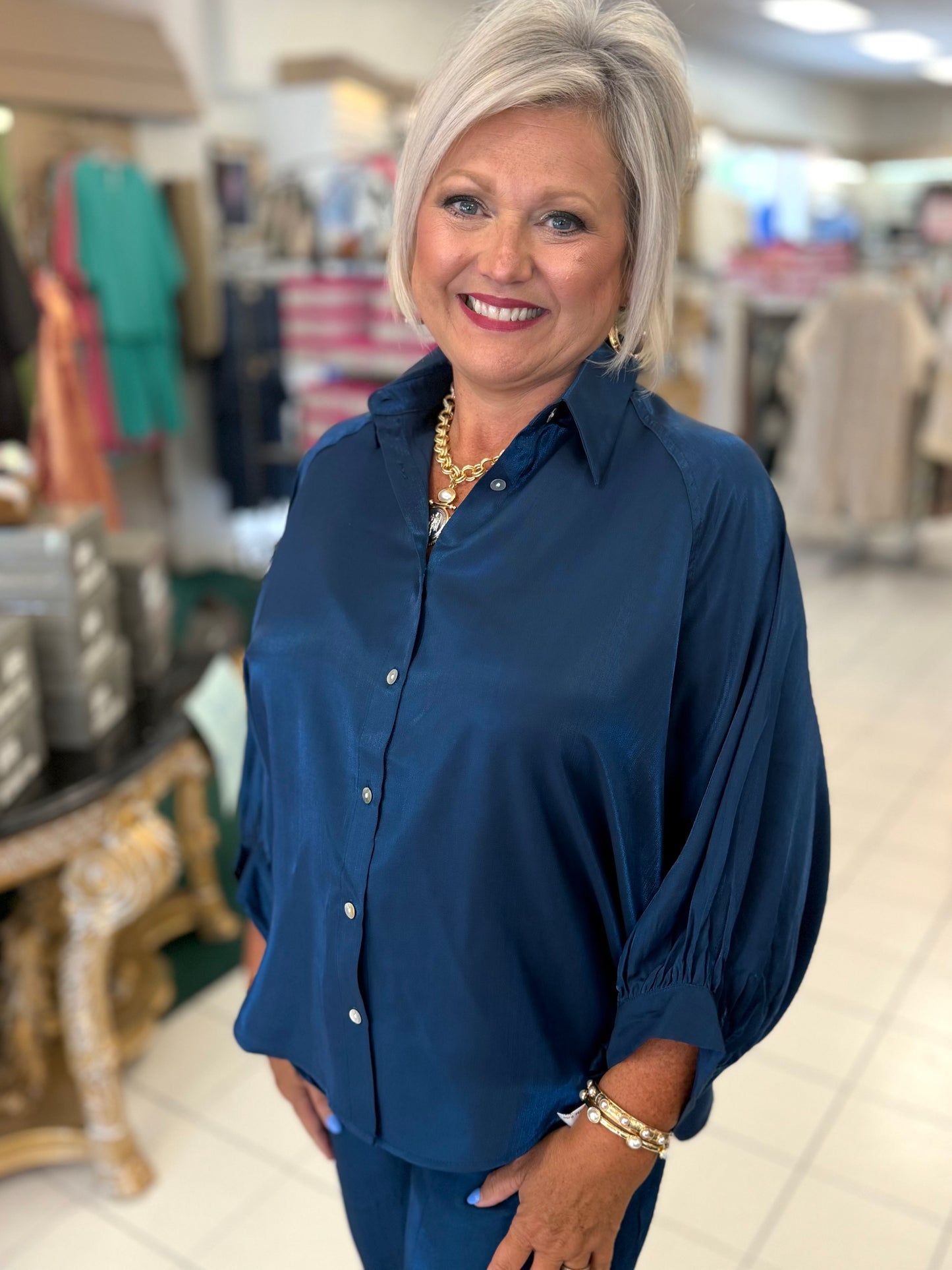 Glam Navy Blue Metallic Oversized Button Down Long Sleeve Shirt Blouse