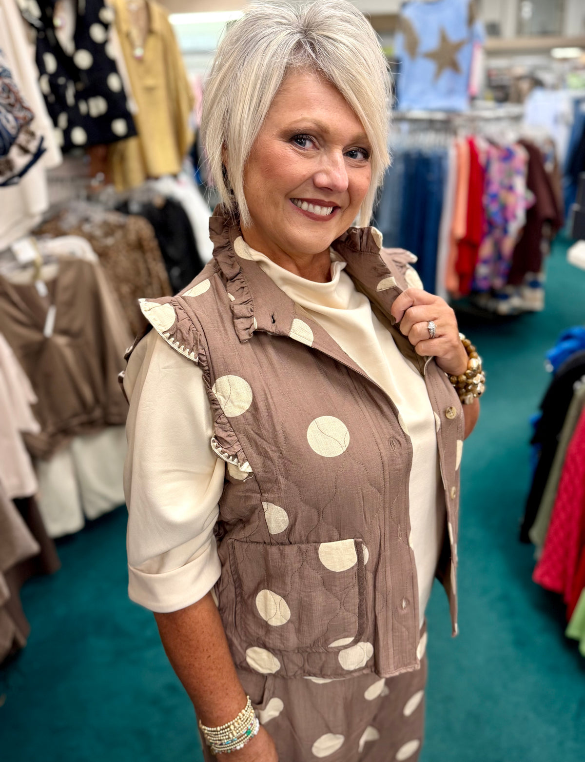 Umgee Mocha Polka Dot Quilted Ruffle Vest