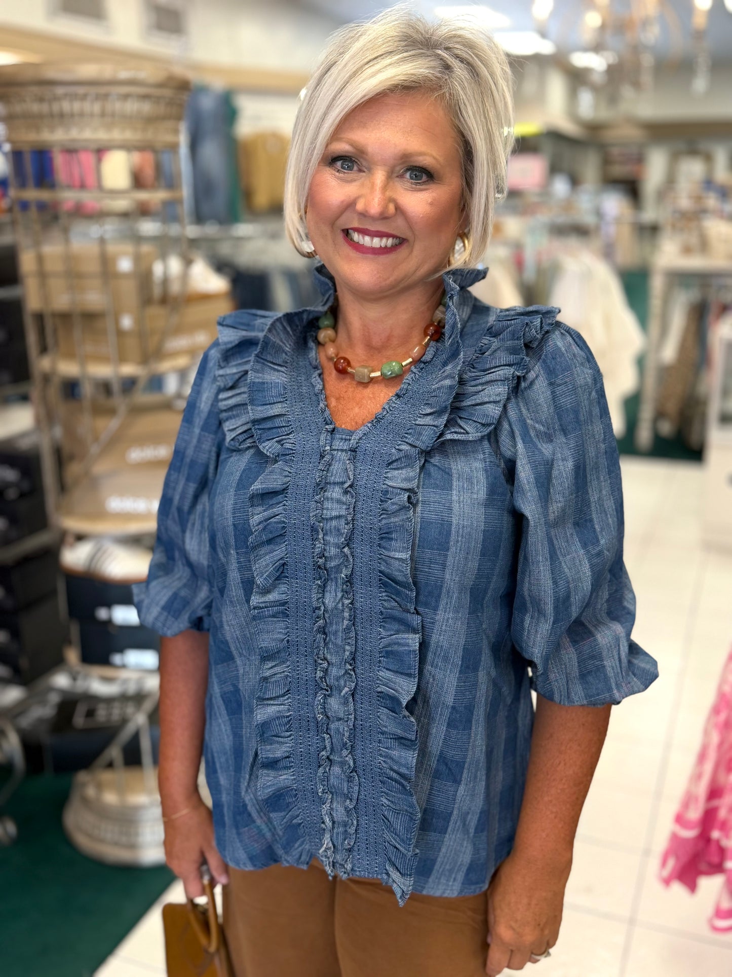 Easel Plaid Pattern Washed Ruffle Detail Denim Blouse