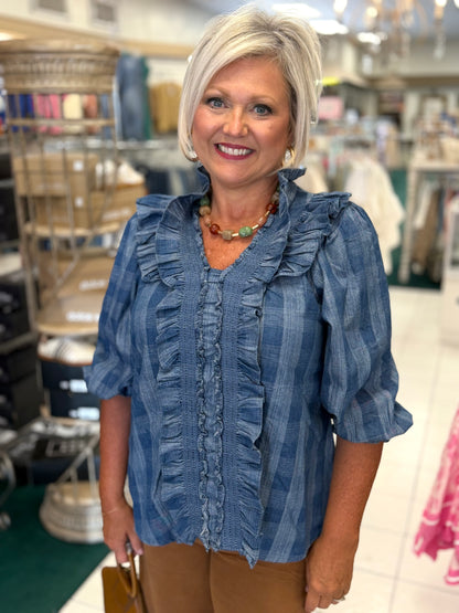 Easel Plaid Pattern Washed Ruffle Detail Denim Blouse