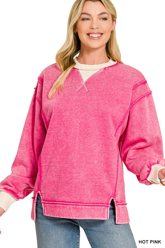 Zenana Hot Pink FLEECE ACID WASHED CONTRAST TRIM SWEATSHIRTS