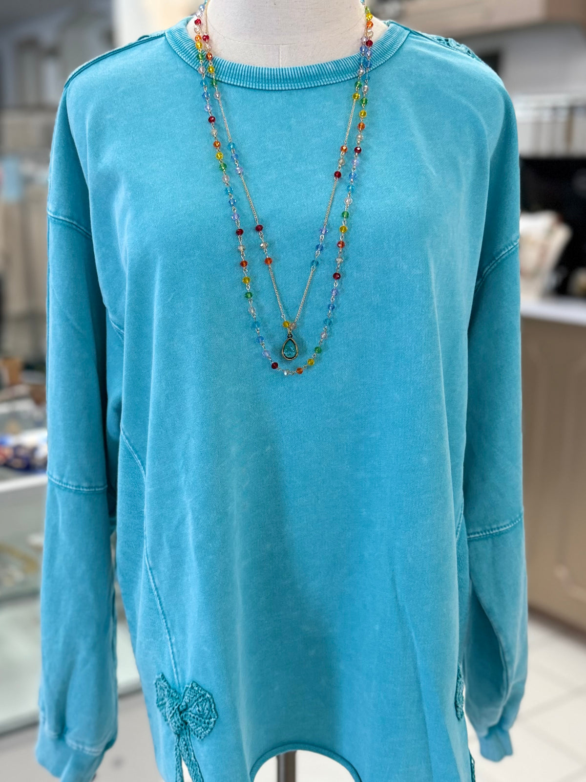 Easel Long Sleeve Day Blue BOW TAPE BOTTOM WASHED TERRY PULLOVER