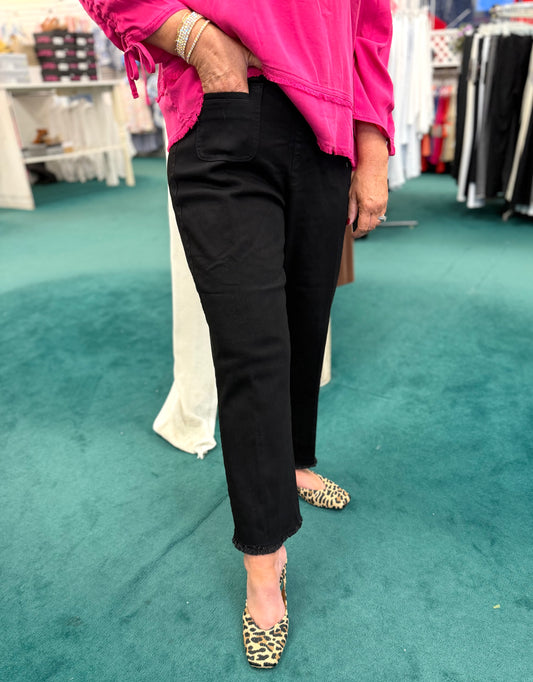 WIDE LEG DENIM CROP JEAN WITH FRINGE HEM - Black Denim