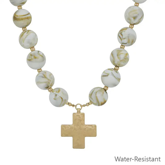Water Resistant Natural 20mm Beaded with Hammered Gold Cross 18" Magnetic Closure Necklace
