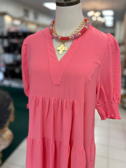 Umgee Coral Pink Solid V-Neck Tiered Midi Dress