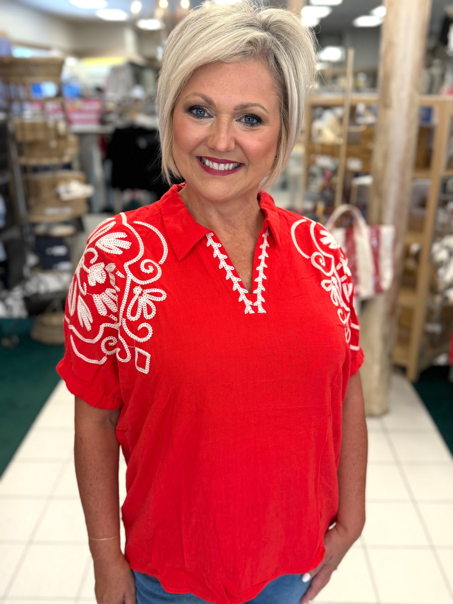Umgee Tomato Red Embroidered Sleeve Top