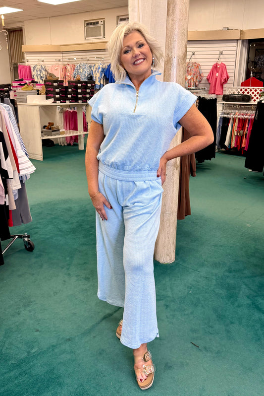 Gigio Sky Blue Textured Half Zip Mock Neck Top & Matching Pants