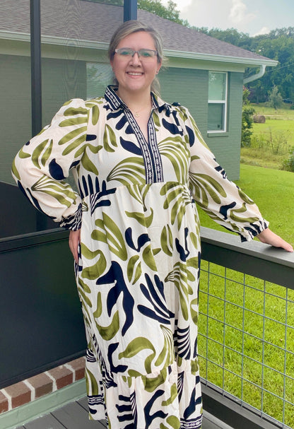Umgee Plus Size Olive Boho Leafy Print Maxi Dress