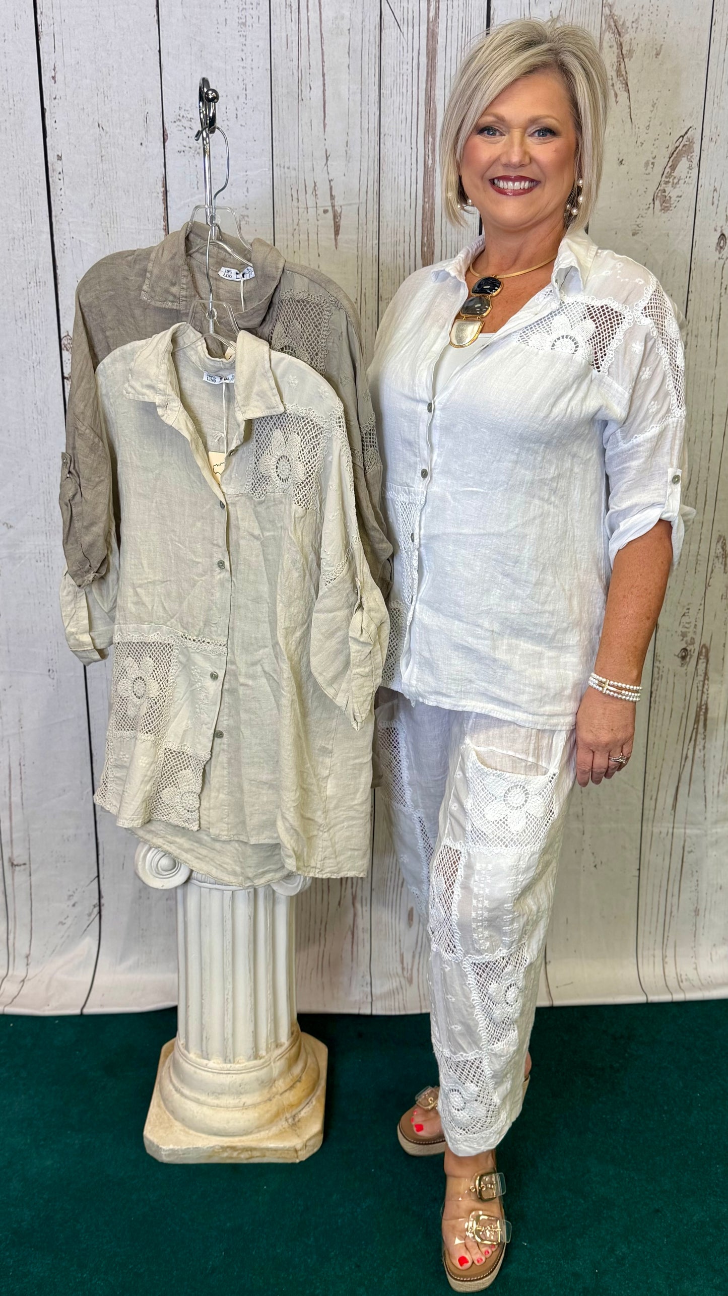 Made in Italy Button Front Blouse with Crochet Detail