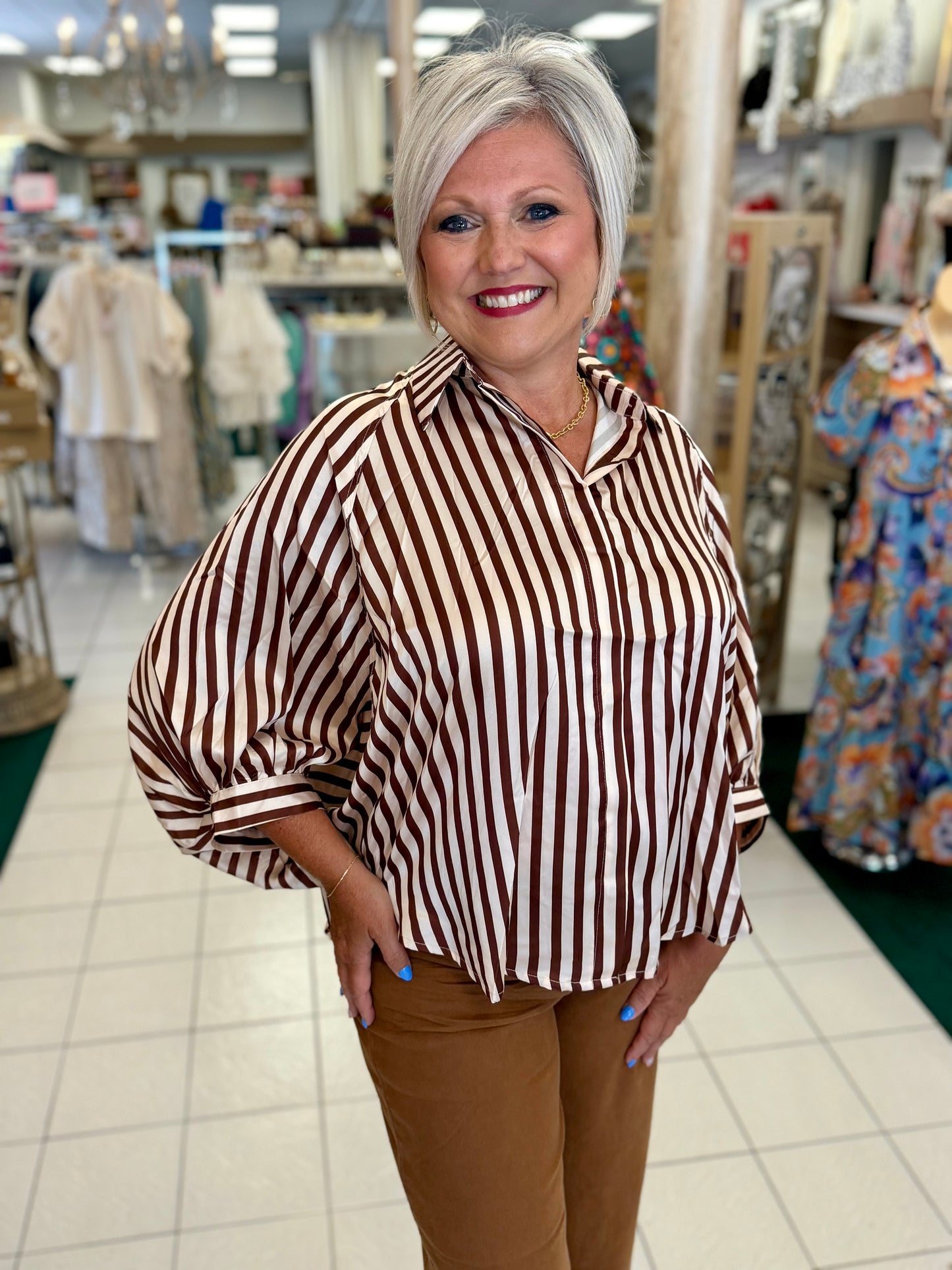Glam Striped Puff Sleeve Blouse