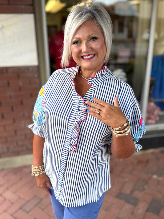 Umgee Blue Embroidered Ruffle Trim Stripe Blouse