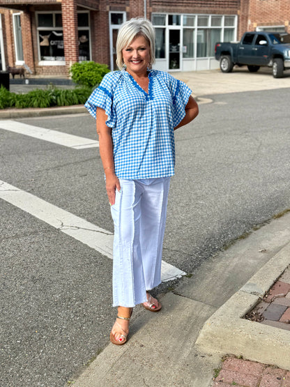 Umgee Blue Gingham Lace Trim Top