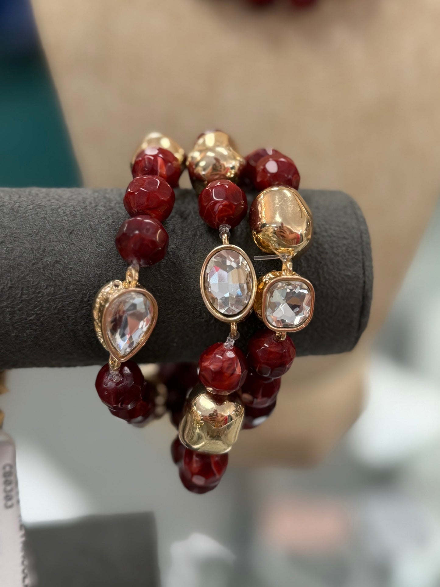 Crimson and Gold Set of Three Natural Beaded Stretch Bracelets