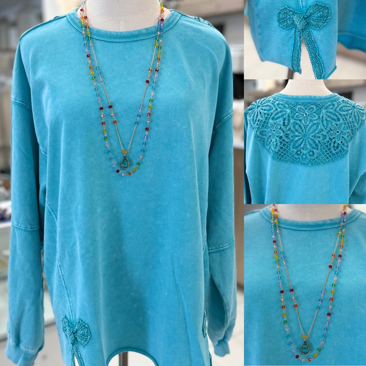 Easel Long Sleeve Day Blue BOW TAPE BOTTOM WASHED TERRY PULLOVER