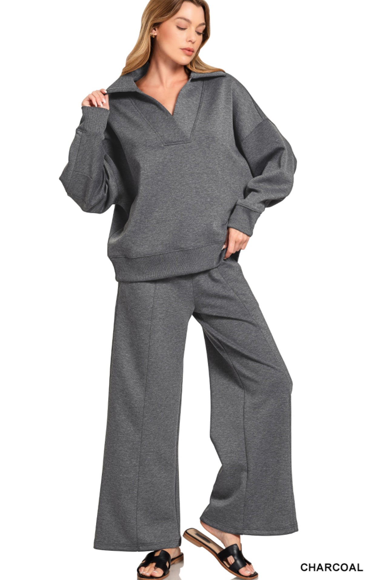 Zenana SCUBA COLLARED PULLOVER & PANTS SET