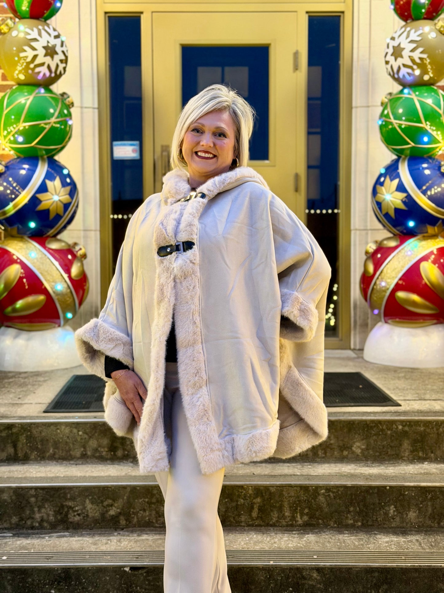 Beige Vegan Suede & Fur Trim Hooded Cape with Buckles