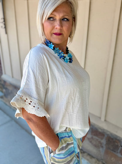 Umgee Off White Crochet Trim Top