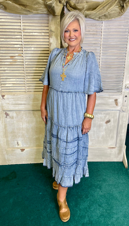 Easel Washed Denim Winged Sleeve Dress