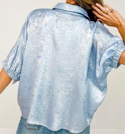 Jodifl Half Dolman Sleeve Open Collared Neckline Metallic Top