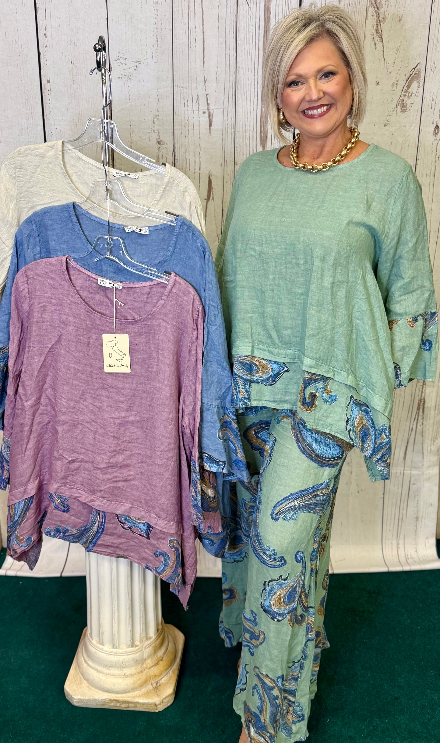 Made in Italy Linen Top with Paisley Border