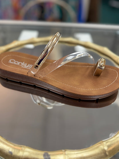 Corkys Hit The Strip Clear Flat Sandal with Gold Accents