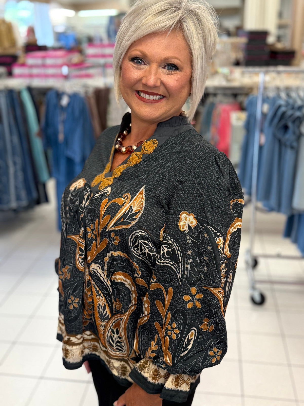 Umgee Charcoal Paisley Border Print Boho Blouse