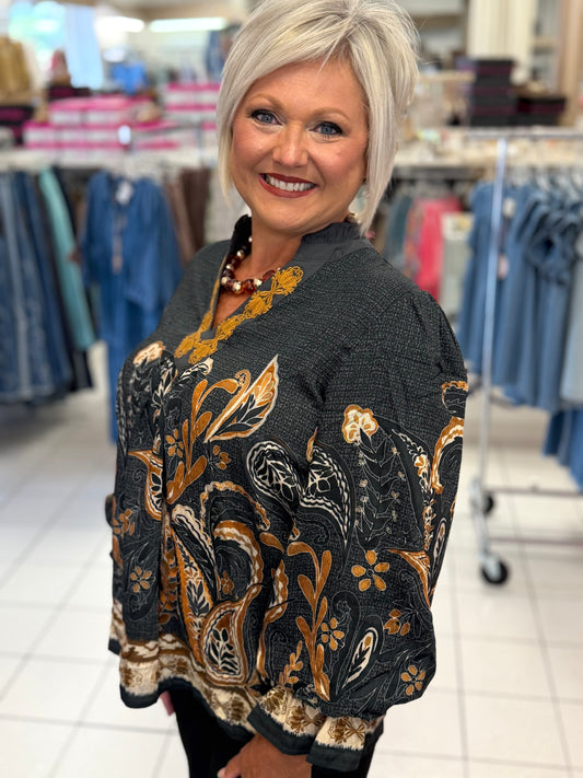 Umgee Charcoal Paisley Border Print Boho Blouse