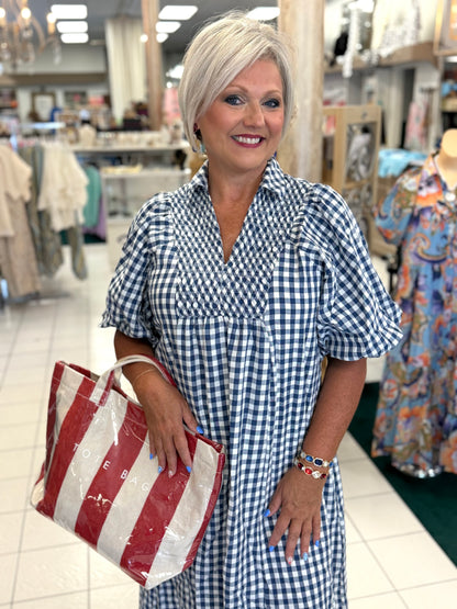 Umgee Denim Blue Puff Sleeve Plaid Midi Dress