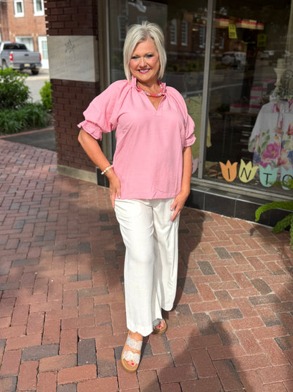 Umgee Rose Ruffle Collar Puff Sleeve Top