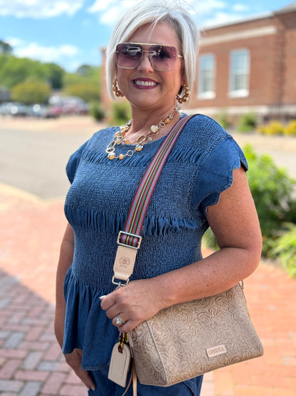 Umgee Chambray Smocked Peplum Top