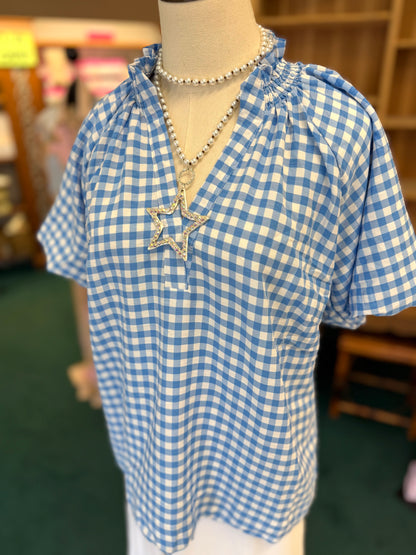 Umgee Blue Gingham Bubble Sleeve V-Neck Top w/ Scallop Hem