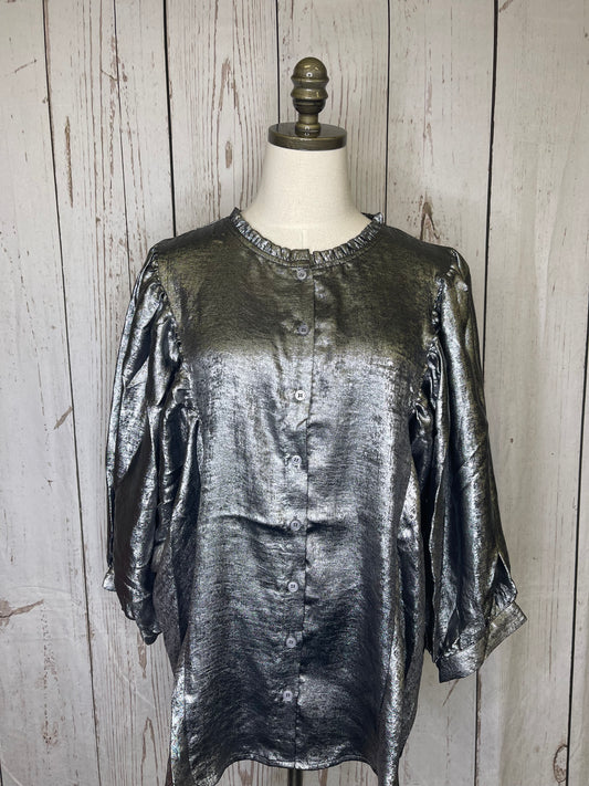 Oddi Plus Size Shimmer foiled printed button front blouse