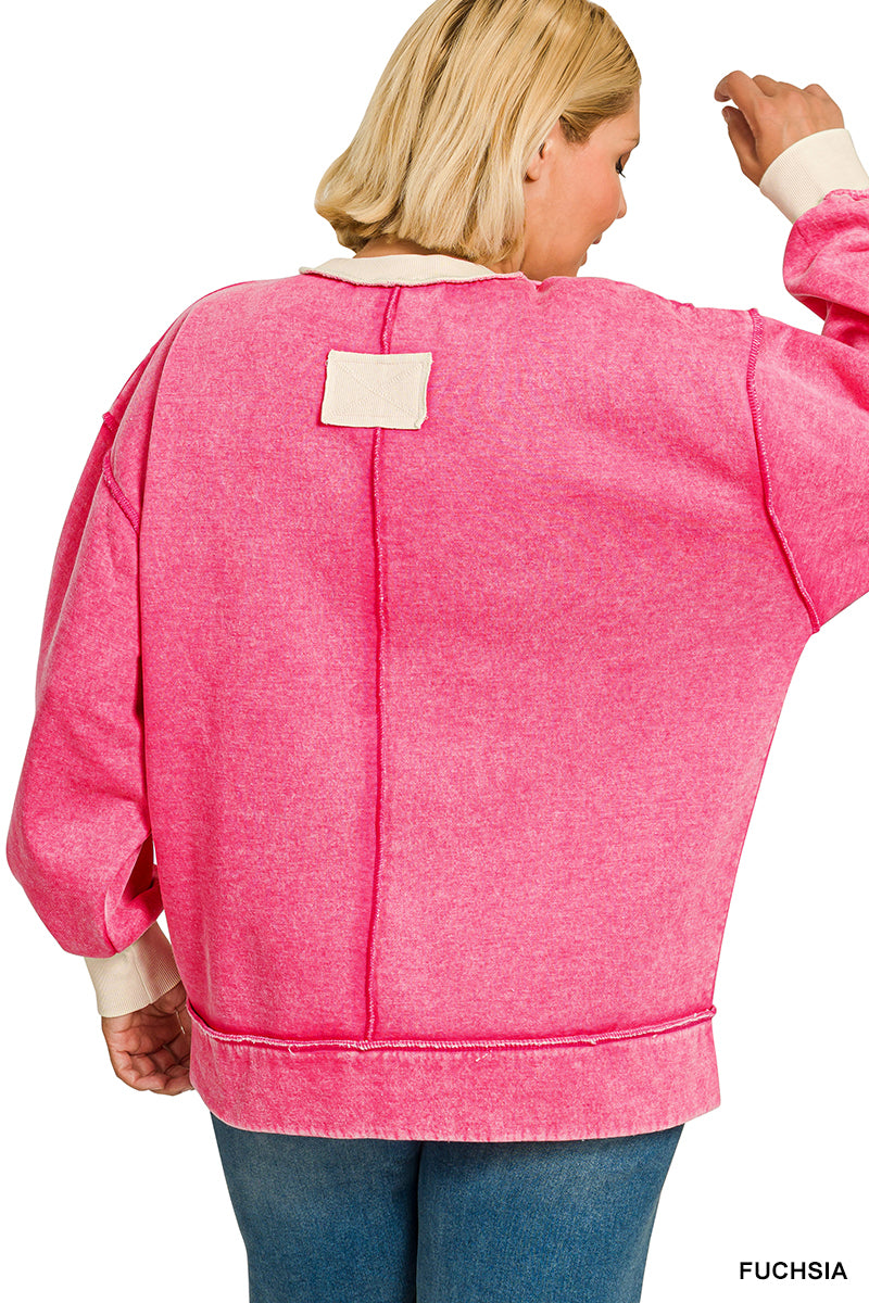 Zenana Fuchsia PLUS FLEECE ACID WASHED CONTRAST TRIM SWEATSHIRTS