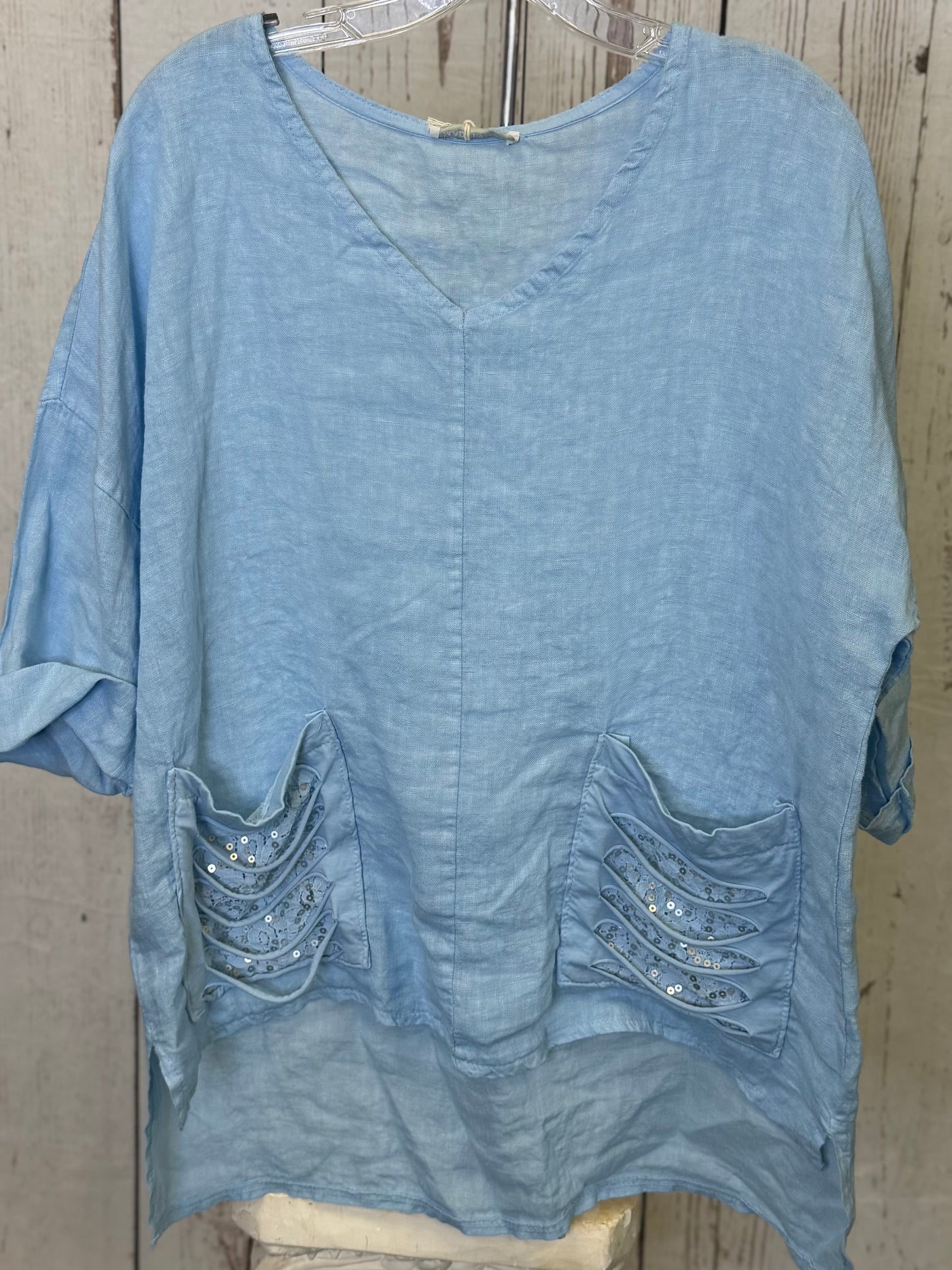 Made in Italy Linen Blouse with Lace and Ripped Fabric Front Pockets